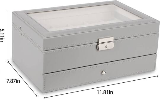 NEX™ Gray Double Layer Leather Watch Box with Glass Top